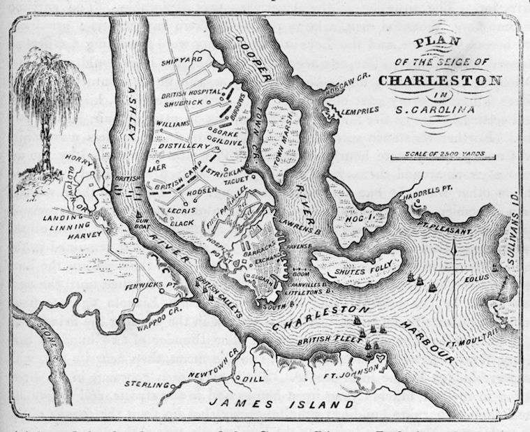 1780 Revolutionary War Map showing the Siege of Charleston SC