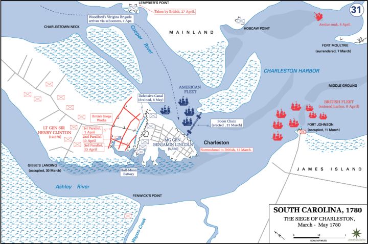 Revolutionary War Battle Map on Siege of Charleston in 1780