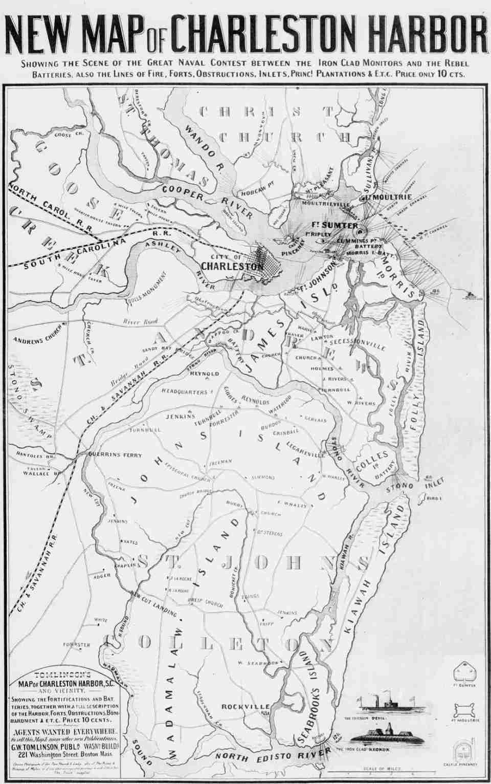 1863 Battle Map of Charleston SC Harbor showing area Forts!