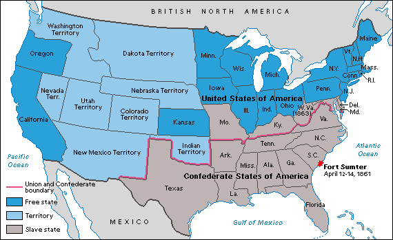 Civil War map shows line for Union and Confederate States + Fort Sumter